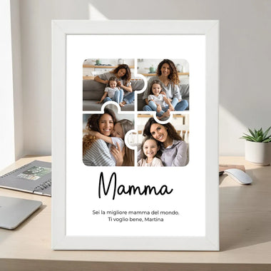 Quadro Mamma Personalizzato con 4 Foto Puzzle e Dedica – 21x30 con Cornice Bianca