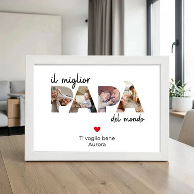 Quadro Papà Personalizzato con Foto nelle Lettere e Dedica (4 Foto) con Cornice Bianca o Nera