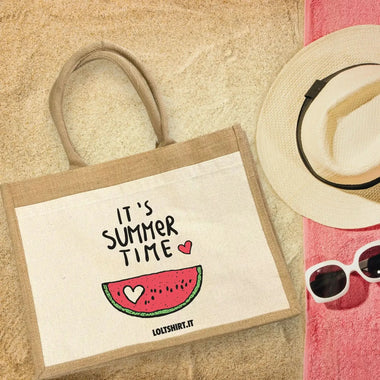 Borsa Mare in Juta “It’s Summer Time” – Grafica Estiva Colorata
