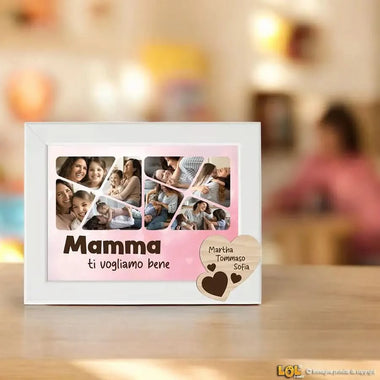 Quadro Bianco Mamma Personalizzato con nomi e 8 Foto e Cuore in Legno