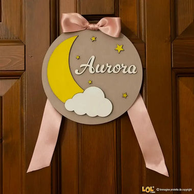 Fiocco Nascita Personalizzato in Legno con Luna e Stelle – Nome e Fiocco di Raso