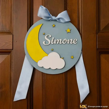 Fiocco Nascita Personalizzato in Legno con Luna e Stelle – Nome e Fiocco di Raso-Fiocco Nascita Personalizzato-Lol T-shirt