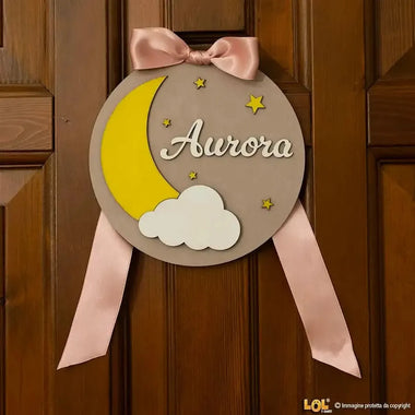 Fiocco Nascita Personalizzato in Legno con Luna e Stelle – Nome e Fiocco di Raso-Fiocco Nascita Personalizzato-Lol T-shirt