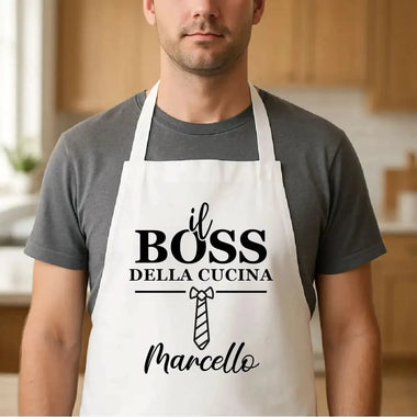 Grembiule Bianco da Cucina Uomo “Il Boss della Cucina” con Nome Personalizzato-Grembiule da Cucina-Lol T-shirt