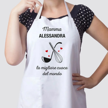 Grembiule Bianco Personalizzato con Nome Mamma la migliore cuoca del mondo-Grembiule da Cucina-Lol T-shirt
