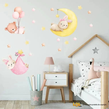 Adesivi Murali per Bambini - Kit Dolce Notte con Orsetti e Coniglietti Adesivi decorativi