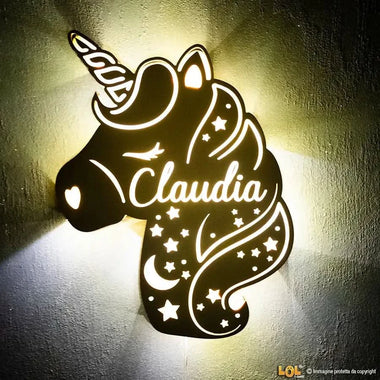 Lampada in legno a led Unicorno a Parete Personalizzabile con Nome Lampade