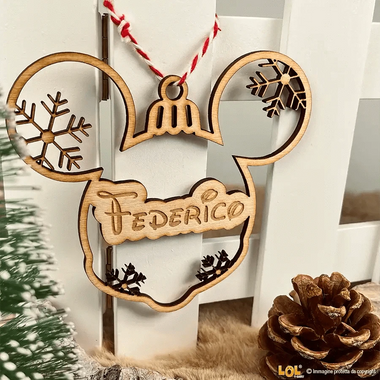 Pallina di Natale in Legno con nome a forma di Orecchie di Topolino
