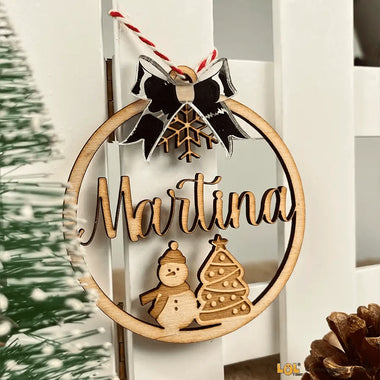Pallina di Natale in Legno Personalizzato con Nome e Fiocco effetto Specchio