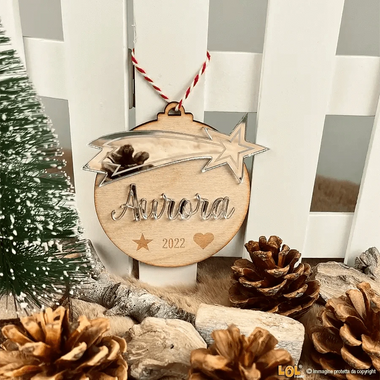 Pallina di Natale in Legno Personalizzato con Nome e Stella Cometa effetto Specchio