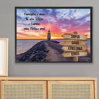 Quadro Personalizzato Famiglia Faro Tramonto (Cornice Nera)