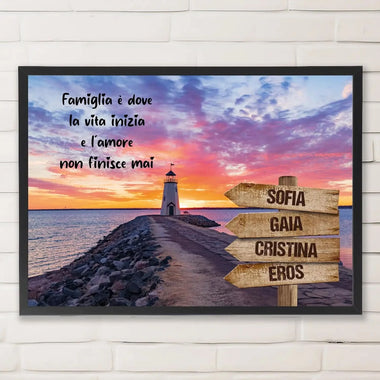 Quadro Personalizzato Famiglia Faro Tramonto (Cornice Nera)