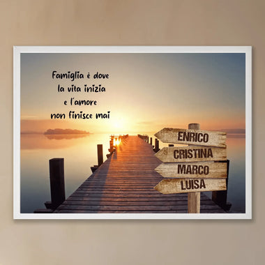 Quadro Personalizzato Famiglia Tramonto Molo (Cornice Bianca)