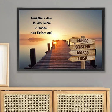 Quadro Personalizzato Famiglia Tramonto Molo (Cornice Nera)