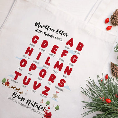 Shopper Personalizzata Natale Alfabeto “Maestra il tuo Natale sarà” con Aggettivi e Dedica Shopper