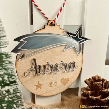 Pallina di Natale in Legno Personalizzato con Nome e Stella Cometa effetto Specchio-Decorazioni natalizie-Lol T-shirt