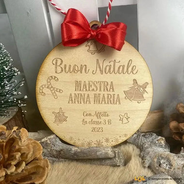 Pallina di Natale in legno Regalo per Maestra personalizzabile - Campane e Candy Cane-Decorazioni natalizie-Lol T-shirt