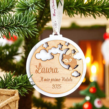 Pallina di Natale “Il Mio Primo Natale” in Plexiglass Bianco e Legno con Volpe – Personalizzata con Nome e Anno
