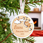 Pallina di Natale “Il Mio Primo Natale” in Plexiglass Bianco e Legno con Volpe – Personalizzata con Nome e Anno