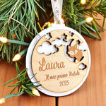 Pallina di Natale “Il Mio Primo Natale” in Plexiglass Bianco e Legno con Volpe – Personalizzata con Nome e Anno