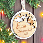 Pallina di Natale “Il Mio Primo Natale” in Plexiglass Bianco e Legno con Volpe – Personalizzata con Nome e Anno