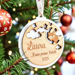 Pallina di Natale “Il Mio Primo Natale” in Plexiglass Bianco e Legno con Volpe – Personalizzata con Nome e Anno