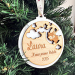 Pallina di Natale “Il Mio Primo Natale” in Plexiglass Bianco e Legno con Volpe – Personalizzata con Nome e Anno