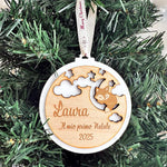 Pallina di Natale “Il Mio Primo Natale” in Plexiglass Bianco e Legno con Volpe – Personalizzata con Nome e Anno