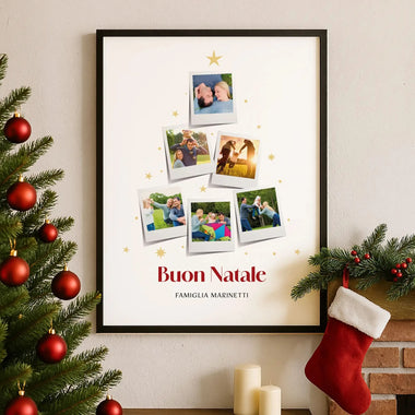 Quadro di Natale Personalizzato con Foto Polaroid a Forma di Albero e Cognome Famiglia