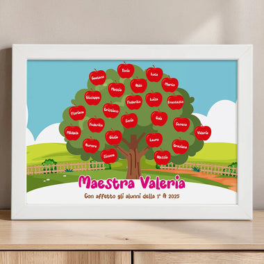 Quadro Maestra Personalizzato con Albero di Mele e Nomi degli Alunni con Cornice Bianca