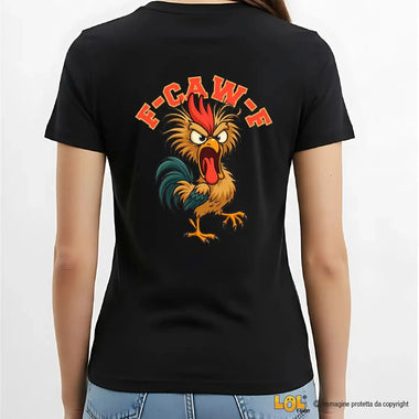 T-shirt Donna Nera “F-CAW-F” con Gallina con stampa sul retro