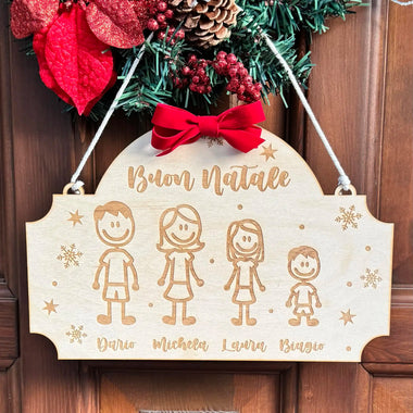 Targa Porta Natalizia Personalizzata con Membri e Nomi Famiglia – Decorazione in Legno con Fiocco Rosso in Velluto