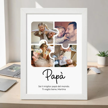 Quadro Papà Personalizzato con 4 Foto Puzzle e Dedica – 21x30 con Cornice Bianca