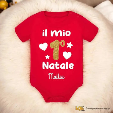 Body per Neonato Rosso Il mio primo Natale con Stampa Oro Glitterato con nome PERSONALIZZABILE-Body per bimbi-Lol T-shirt