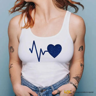 Canotta Donna Heartbeat – Canotta Divertente con Cuore Glitter Blu-canotta donna-Lol T-shirt