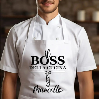 Grembiule Bianco da Cucina Uomo “Il Boss della Cucina” con Nome Personalizzato-Grembiule da Cucina-Lol T-shirt