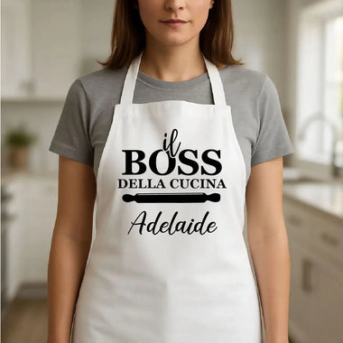 Grembiule Bianco da Cucina Donna “Il Boss della Cucina” con Nome Personalizzato