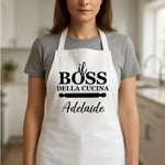 Grembiule Bianco da Cucina Donna “Il Boss della Cucina” con Nome Personalizzato