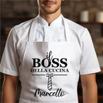 Grembiule Bianco da Cucina Uomo “Il Boss della Cucina” con Nome Personalizzato