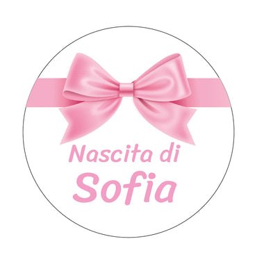 50 pz Bollini Adesivi Bomboniera con Fiocco Rosa (Battesimo/ Nascita/ Comunione/ Cresima)