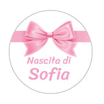 50 pz Bollini Adesivi Bomboniera con Fiocco Rosa (Battesimo/ Nascita/ Comunione/ Cresima)