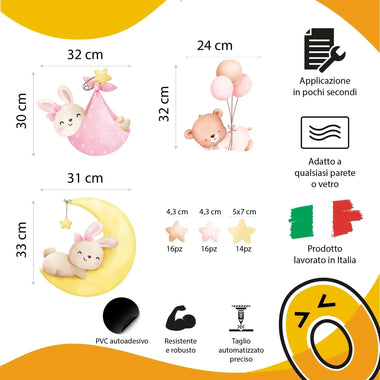 Adesivi Murali per Bambini - Kit Dolce Notte con Orsetti e Coniglietti Adesivi decorativi