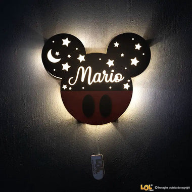 Lampada in legno a led Topolino a Parete Personalizzabile con Nome Lampada in legno