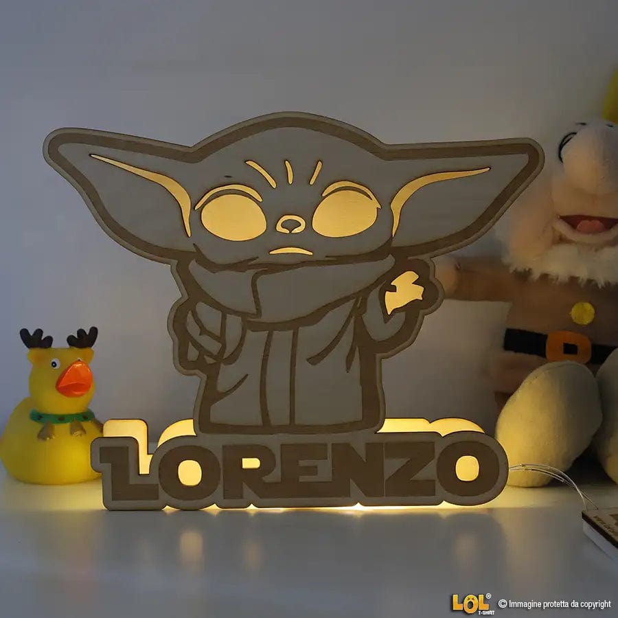 Lampada in legno a led Personalizzabile con Nome Baby Yoda (Star