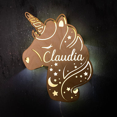 Lampada in legno a led Unicorno a Parete Personalizzabile con Nome Lampade