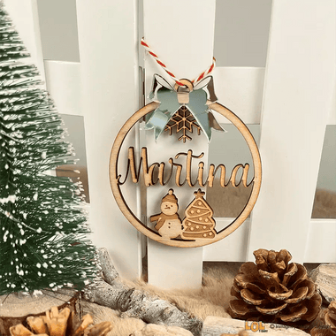 Pallina di Natale in Legno Personalizzato con Nome e Fiocco effetto Specchio