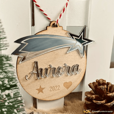 Pallina di Natale in Legno Personalizzato con Nome e Stella Cometa effetto Specchio