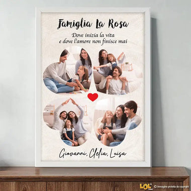 Quadro Famiglia Personalizzato con Dedica, Nomi e Foto a forma di Cuoricini con Cornice Bianca Quadro