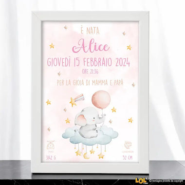 Quadro Nascita Elefantino Rosa Nuvola Quadro