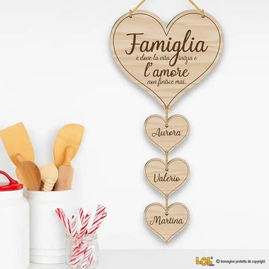 Targhetta Famiglia con cuori appesi Targa in legno